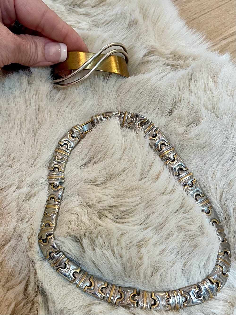 Two-Tone Link Necklace and Cuff Bracelet - Silver & Gold